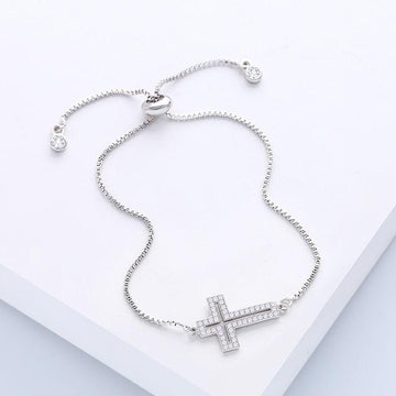 New Cubic Zirconia Crystals Sideways Jesus Cross Adjustable Gold Plated Bracelet with Cross Religious Jewellery - The Jewellery Supermarket